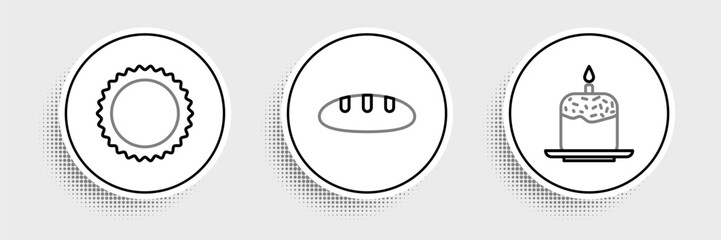 Set line Easter cake and candle, Sun and Bread loaf icon. Vector