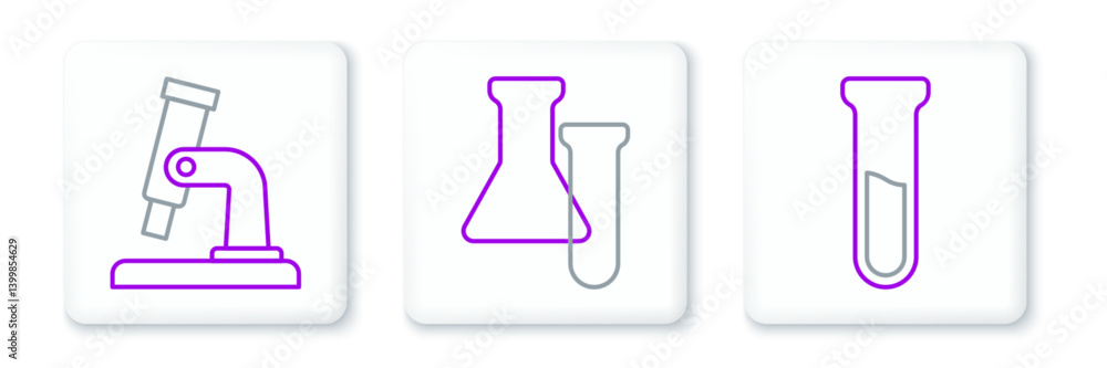 Poster set line test tube and flask, microscope and icon. vector