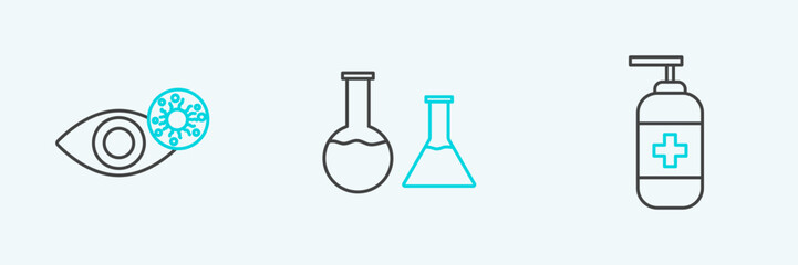 Set line Bottle of liquid antibacterial soap, Reddish eye due to virus and Test tube and flask icon. Vector
