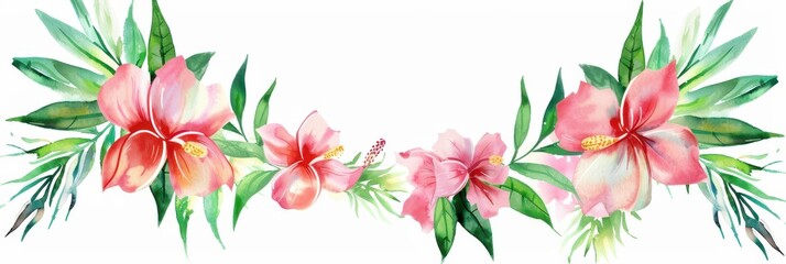 Lei day celebration in Hawaii with vibrant hibiscus floral arrangement for tropical events. Horizontal banner. Copy space. Summer watercolor illustartion. International day of the tropics