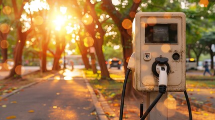 EV charger in a park with warm light illuminating the pathway on a sunny day