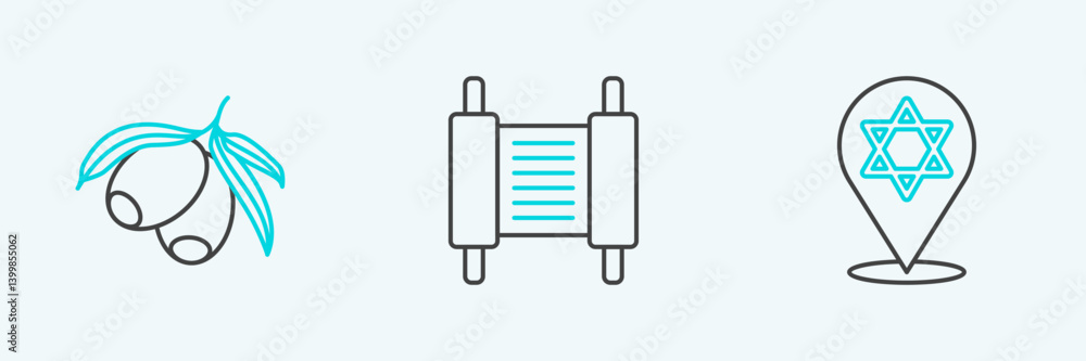 Poster set line star of david, olives branch and torah scroll icon. vector