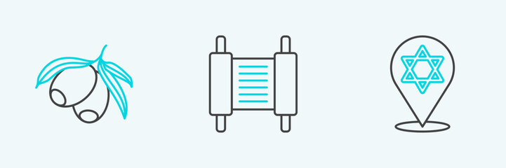 Set line Star of David, Olives branch and Torah scroll icon. Vector