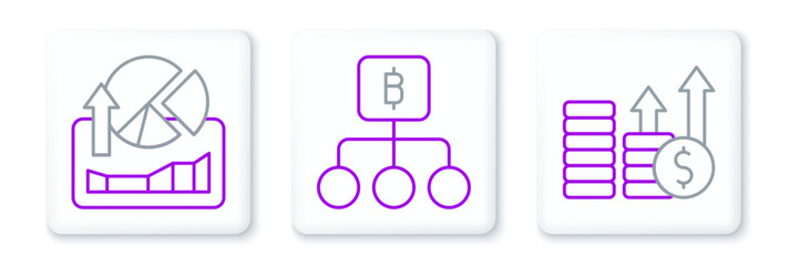 Set line Financial growth and dollar, Stocks market graphs and Blockchain technology Bitcoin icon. Vector
