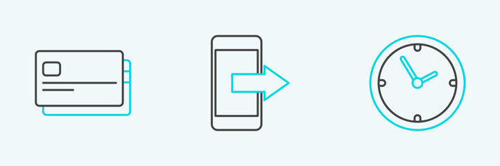 Set line Clock, Credit card and Smartphone, mobile phone icon. Vector