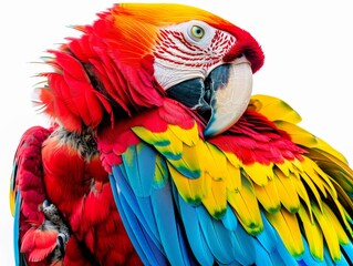 Close-up view of a vibrant parrot with red, yellow, and blue feathers against a clean white backdrop