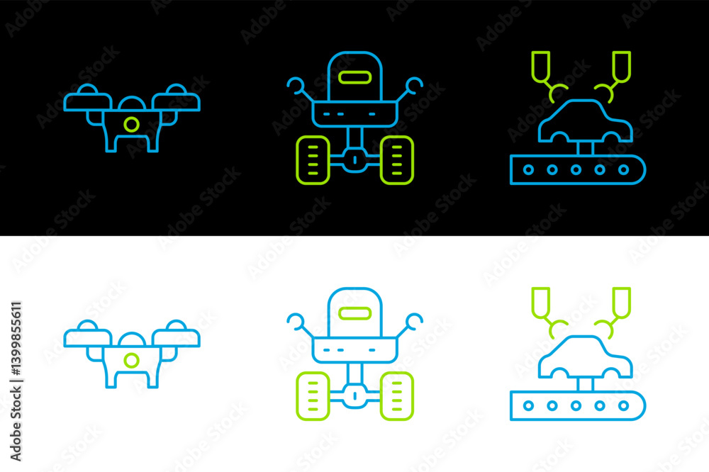 Poster set line robotic robot arm on factory, drone and mars rover icon. vector