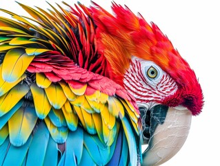 Close-up of a vividly colored parrot with bright feathers and a detailed eye, white background