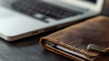 Rustic Leather Journal and Laptop on Dark Wooden Desk - Close Up