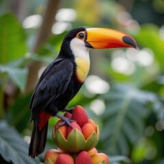 Fototapeta premium Colorful toucan perched on vibrant fruits in a lush tropical garden setting