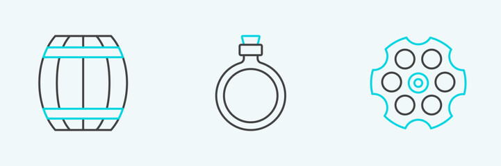 Set line Revolver cylinder, Gun powder barrel and Canteen water bottle icon. Vector