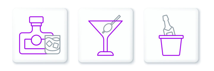 Set line Champagne in an ice bucket, Whiskey bottle and glass and Martini icon. Vector
