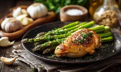 Grilled chicken breast with herbs served alongside asparagus on a plate, surrounded by garlic and spices.