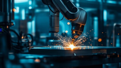 Automated welding robot in a modern factory.  High-tech, precise robotic arm performing welding operation on metal sheet. Sparks flying