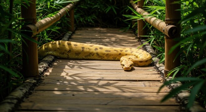 A large yellow python lounging on a wooden bridge surrounded by lush green bamboo foliage - clown royal python