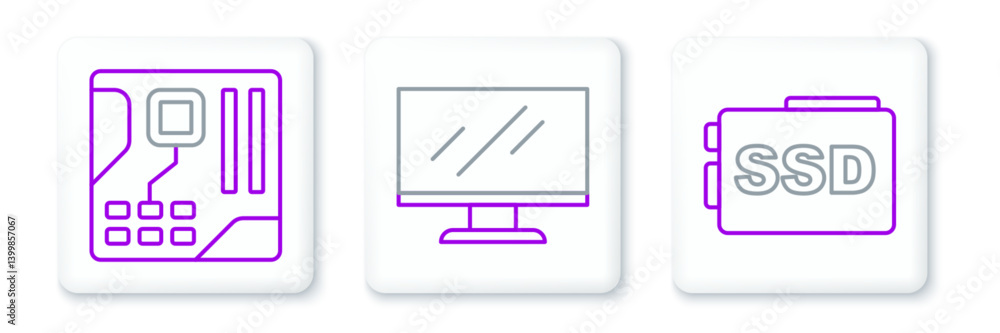 Poster set line ssd card, motherboard digital chip and computer monitor screen icon. vector