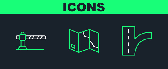 Set line Road traffic sign, Parking car barrier and Folded map icon. Vector