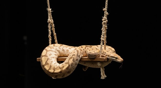 A beautiful albino python resting on a wooden swing, suspended in a dark studio with soft lighting - clown royal python