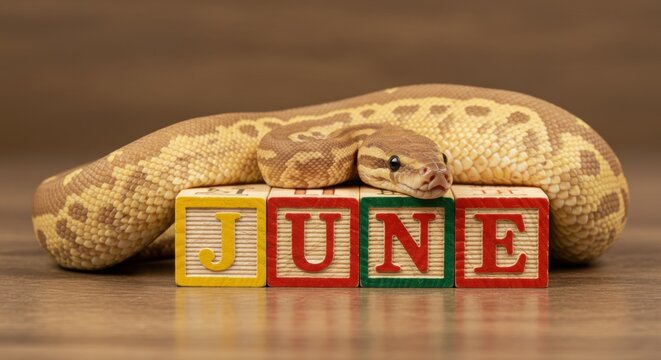 A yellow python resting on colorful wooden blocks spelling 'JUNE' against a neutral background - clown royal python