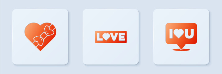 Set Love text, Candy in heart shaped box and Speech bubble with I love you. White square button. Vector