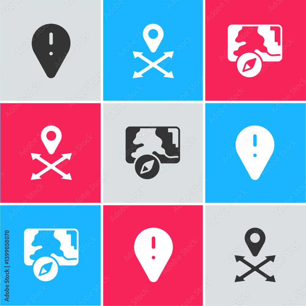 Poster set location with exclamation mark, and city map navigation icon. vector