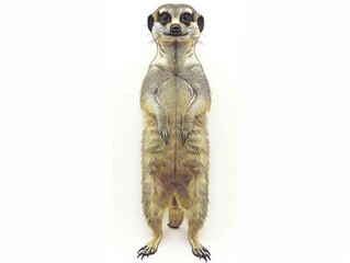 Upright meerkat, facing the camera. Standing, looking curious, against white background