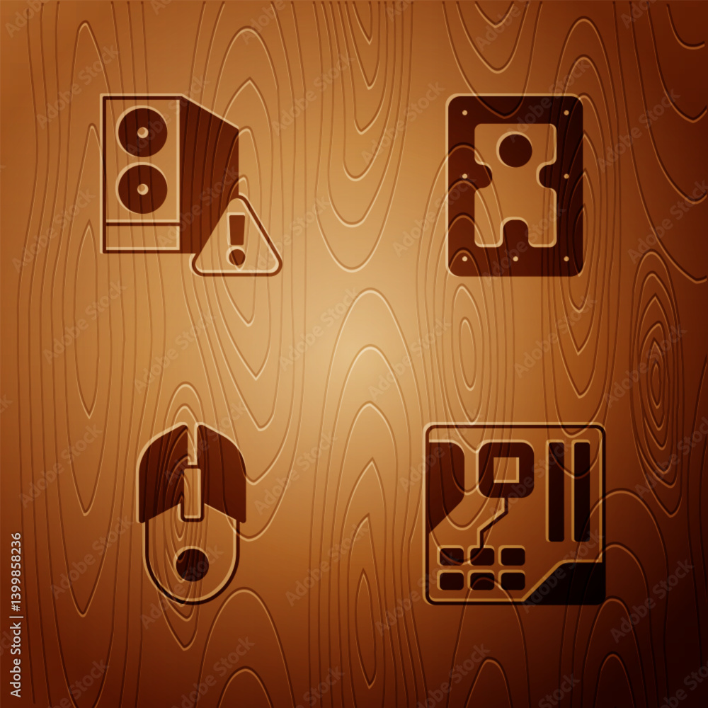 Poster set motherboard digital chip, case of computer, computer mouse and hard disk drive hdd on wooden bac