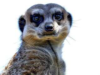 Close-up of meerkat gazing directly at the viewer. The furry animal has a curious expression