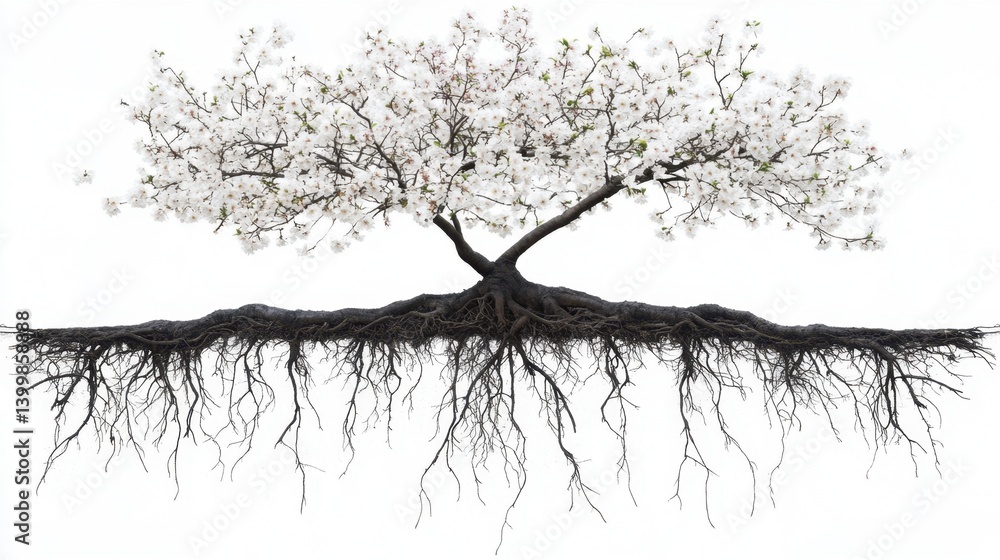 Poster blossoming tree with exposed roots symbolizing growth resilience and interconnectedness against whit