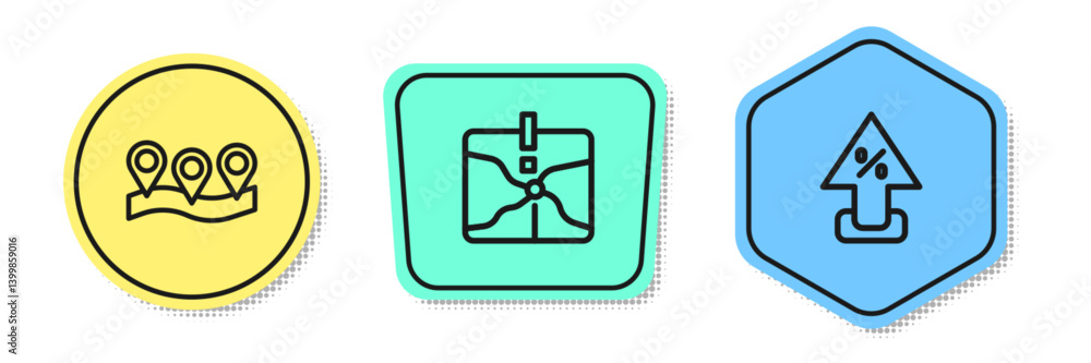 Poster set line location, intersection point and percent up arrow. colored shapes. vector