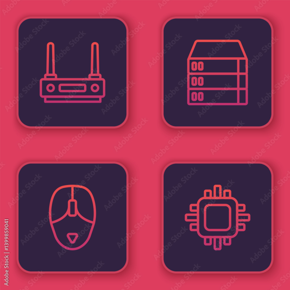Poster set line router and wi-fi signal, computer mouse, server, data, web hosting and processor with cpu. 