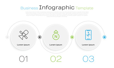 Set line Satellite, Compass and on mobile. Business infographic template. Vector