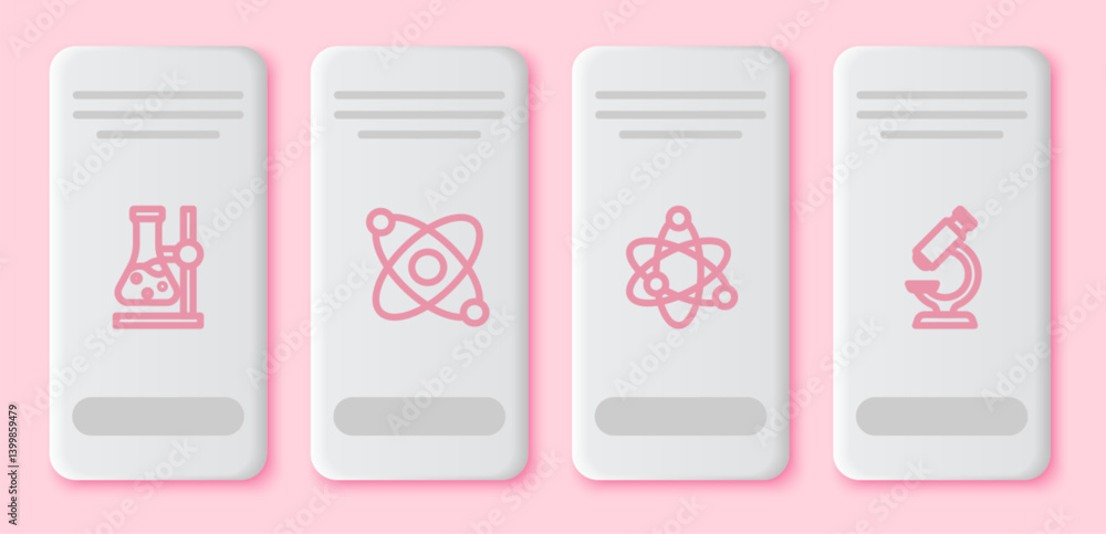 Poster set line test tube flask on stand, atom, and microscope. white rectangle button. vector