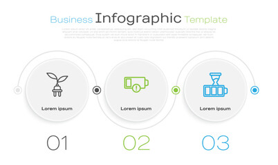 Set line Electric saving plug in leaf, Low battery and Battery charge. Business infographic template. Vector