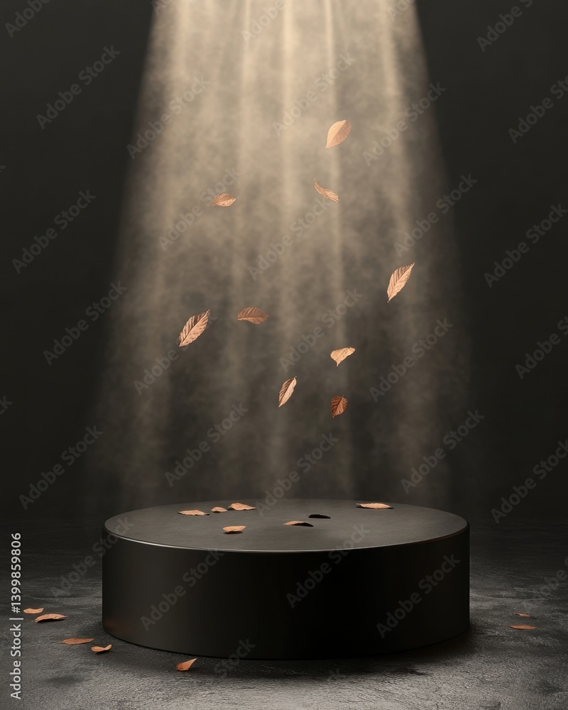Poster autumnal spotlight on stage with falling leaves creating a serene and contemplative atmosphere in a 