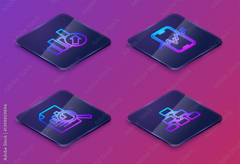 Poster set isometric line financial growth, document with graph chart, mobile stock trading and hierarchy o
