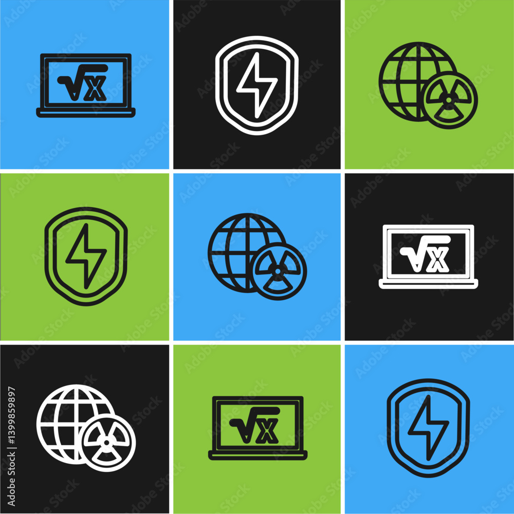 Poster set line square root of x glyph, planet earth and radiation and secure shield with lightning icon. v