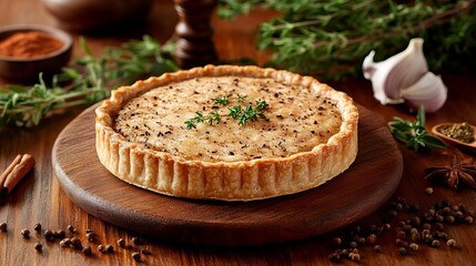 Experience the rich flavors of a freshly baked Scotch pie presented on a rustic wooden plate with herbs and spices for National Tartan Day