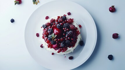 Sleek White Plate with Lush Cake Decorated with Burgundy Pomegranates and Berries, Featuring Minimalistic Presentation and Soft Natural Lighting