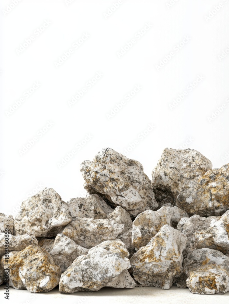 Poster pile of rough granite rocks on a white background in studio lighting with a low angle view