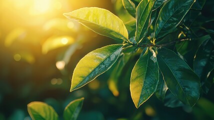 Obraz premium Early spring, sunshine and warmth concept. Close-up of vibrant green leaves illuminated by warm sunlight, showcasing natural beauty and detail in a serene environment.
