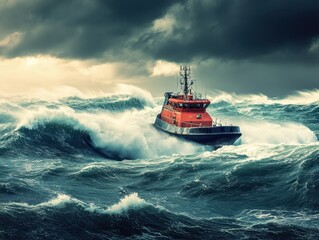 A Brave Rescue Boat Navigating Through Turbulent Ocean Waves Under a Dramatic Cloudy Sky with a Sense of Urgency and Power