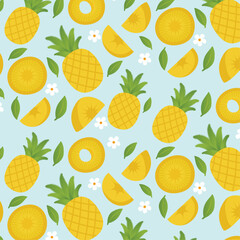Tropical Seamless Pineapple Pattern with Slices and Leaves