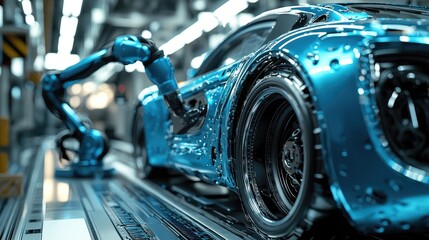 Fototapeta premium Futuristic vehicle assembly line with robotic arm