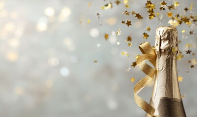 A champagne bottle with golden stars and ribbon against a blurred gold background.