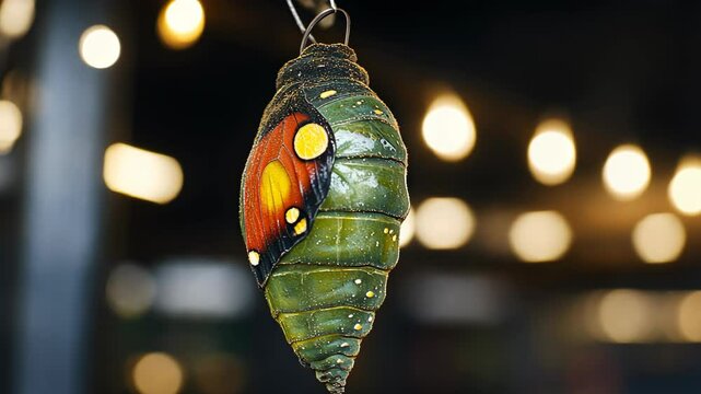 Emerging butterfly, pupa showing colorful wing through transparent chrysalis, close-up view of metamorphosis hanging cocoon