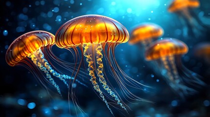 Golden Jellyfish Floating in a Mystical Underwater Ocean Scene