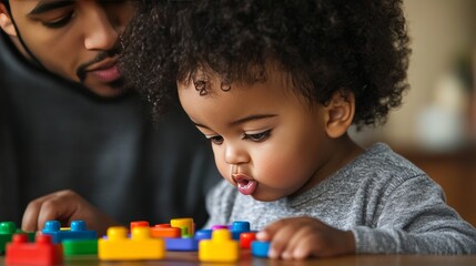 A toddler playing with colorful educational toys while a parent watches with encouragement,