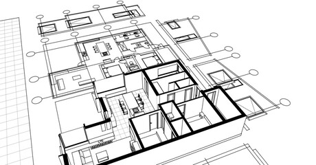  house sketch project facades plan 3d illustration