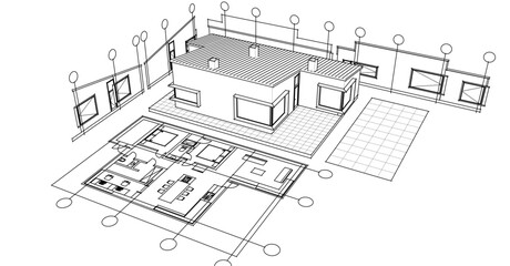  house sketch project facades plan 3d illustration